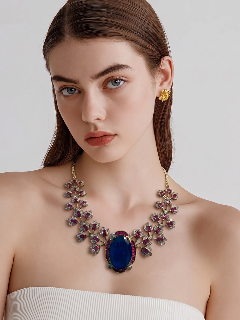 Deep Blue Tanzanite and Rubies gemstones statement necklace